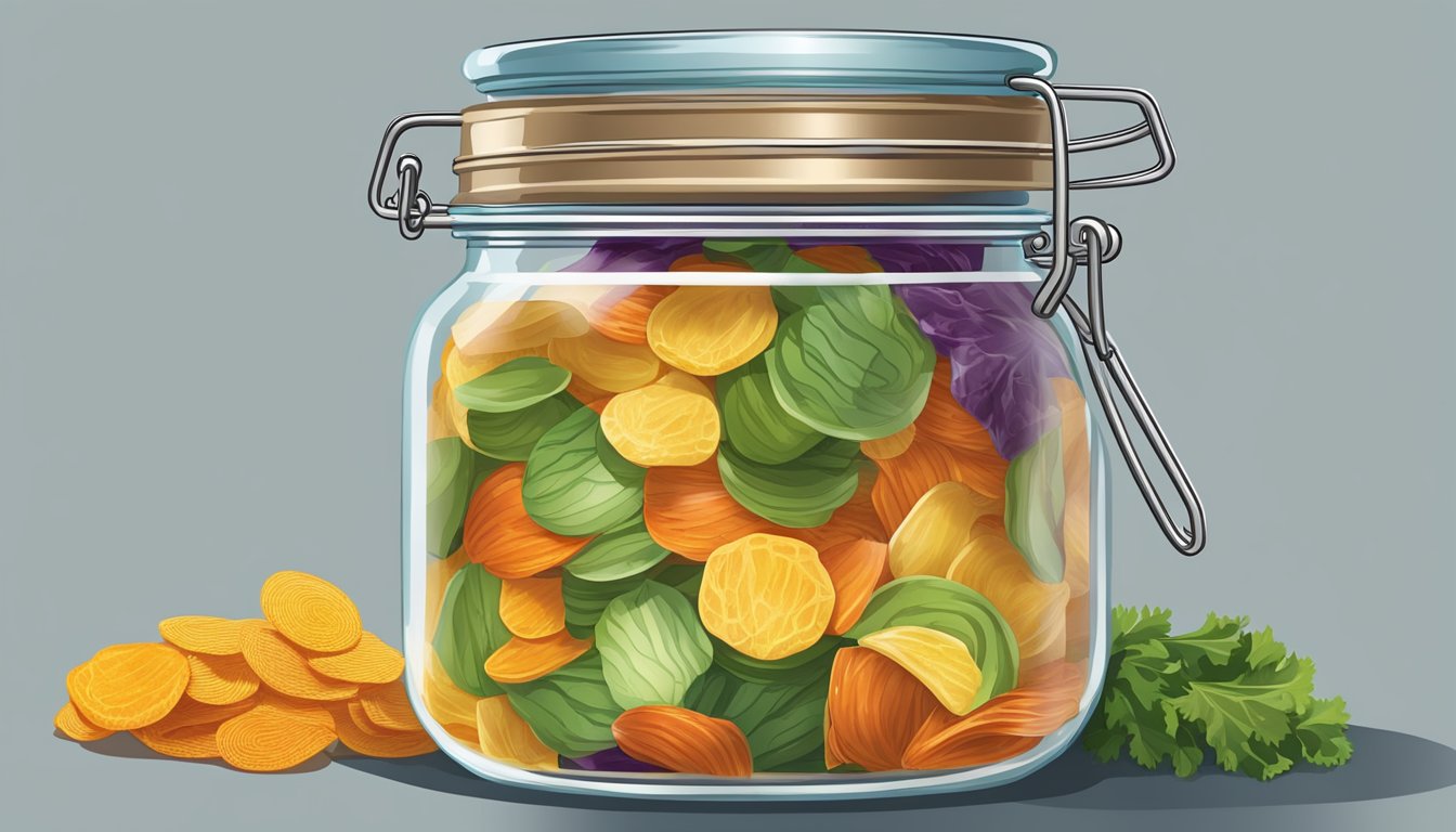 A colorful assortment of vegetable chips arranged in a glass jar, with a label indicating the date of preparation