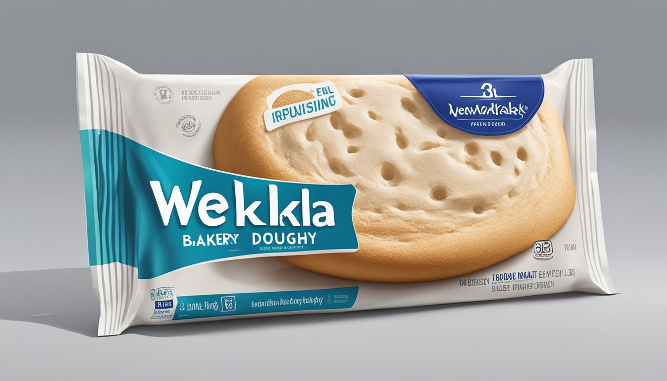 A fresh, unopened package of Wewalka European Bakery Style Dough sits on a clean kitchen counter, with a clear expiration date visible on the packaging