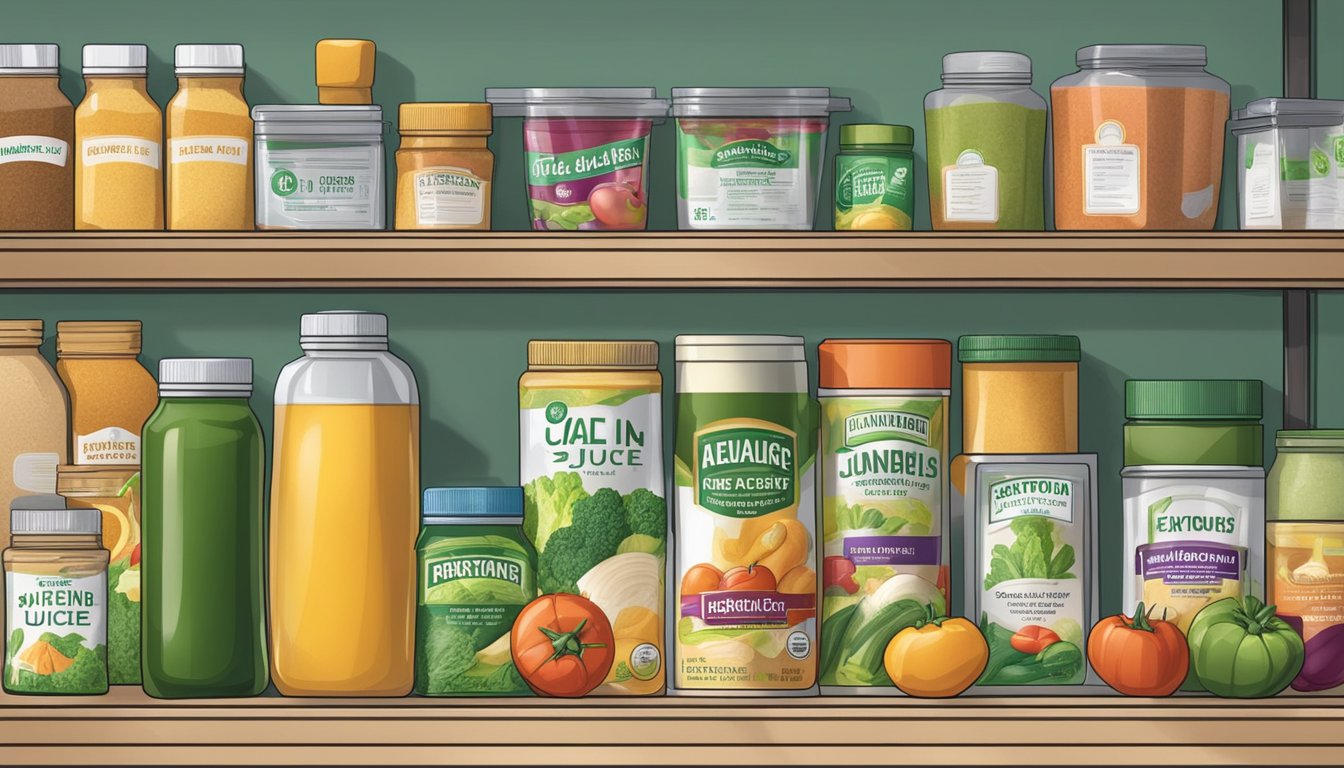 A sealed container of vegetable juice powder sits on a kitchen shelf, surrounded by other pantry items. The expiration date is clearly visible on the label