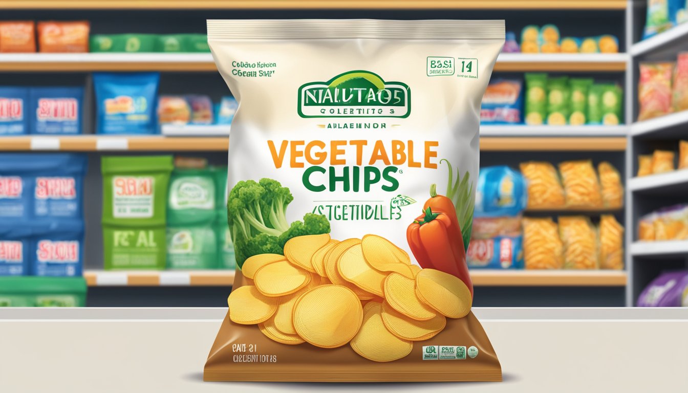 A bag of vegetable chips sits on a shelf, with a clear expiration date visible on the packaging. A calendar hangs nearby, indicating the current date