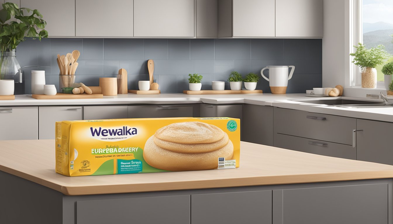 A package of Wewalka European Bakery Style Dough sits unopened on a clean, organized kitchen counter