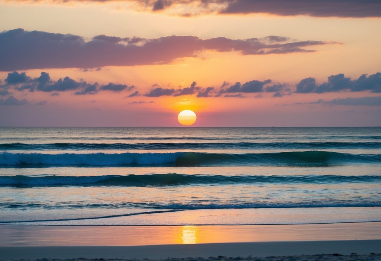 A serene beach at sunset, with a colorful sky and gentle waves, creating a romantic setting for a wedding