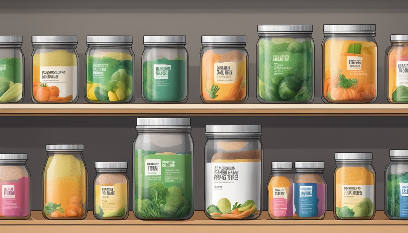 A jar of vegetable juice powder sits on a shelf, surrounded by various expiration date labels and storage conditions