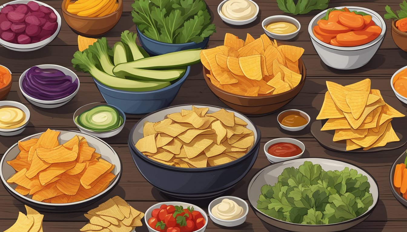 A bowl of colorful vegetable chips sits on a rustic wooden table next to a variety of complementary pairings like dips, cheeses, and fruits