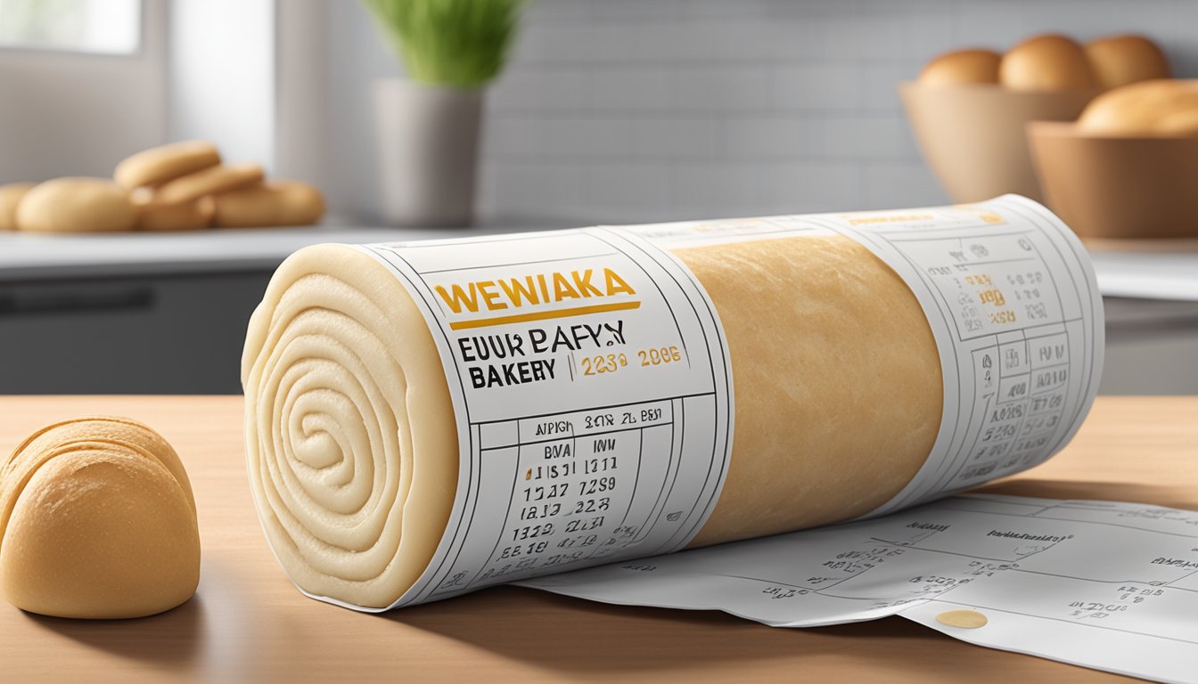 A roll of Wewalka European Bakery Style Dough sits unopened on a kitchen counter, with a calendar in the background showing the current date