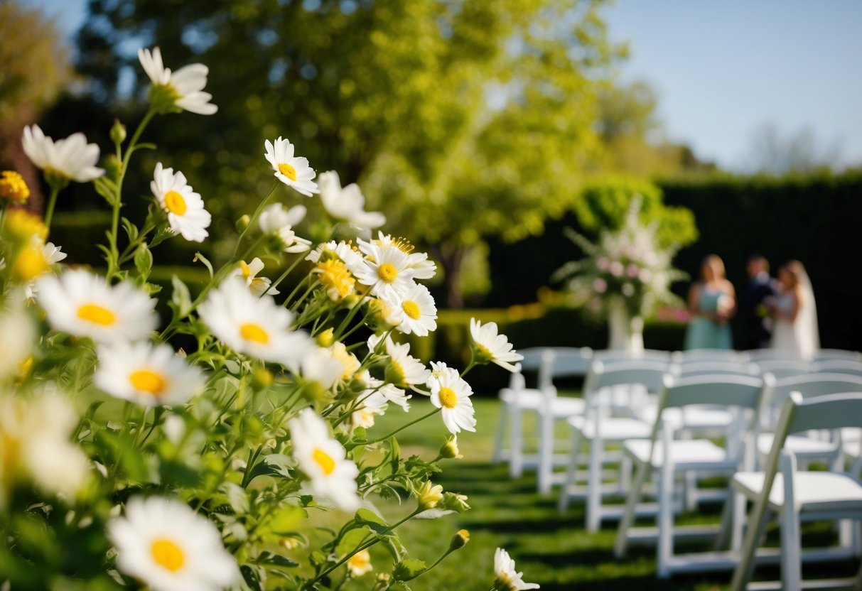A sunny garden with blooming flowers and a gentle breeze, setting the stage for a romantic outdoor wedding ceremony