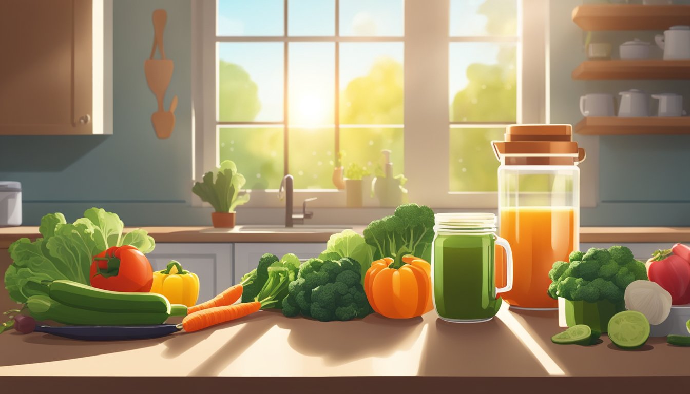 A jar of vegetable juice powder sits on a kitchen counter next to a blender and a variety of fresh vegetables. The sunlight streams through the window, casting a warm glow on the scene