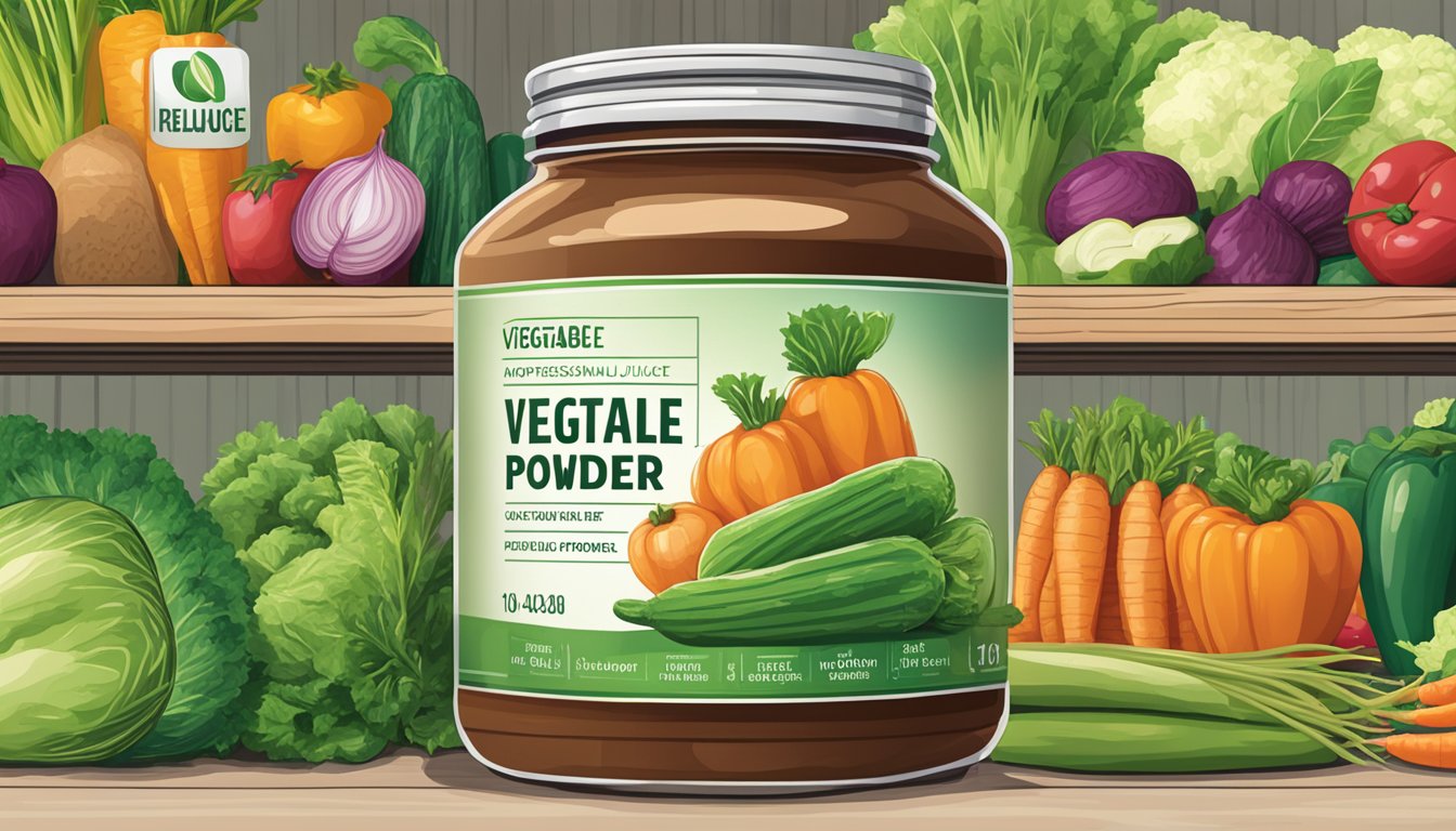 A jar of vegetable juice powder sits on a shelf, surrounded by fresh produce. The label indicates a long shelf life, emphasizing quality and flavor