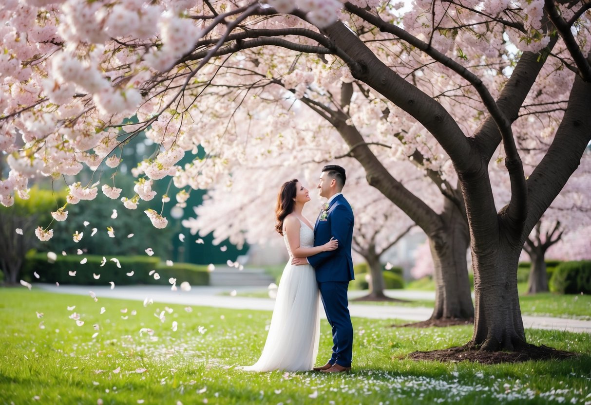 A couple standing under a blooming cherry blossom tree in a serene garden, with petals gently falling around them