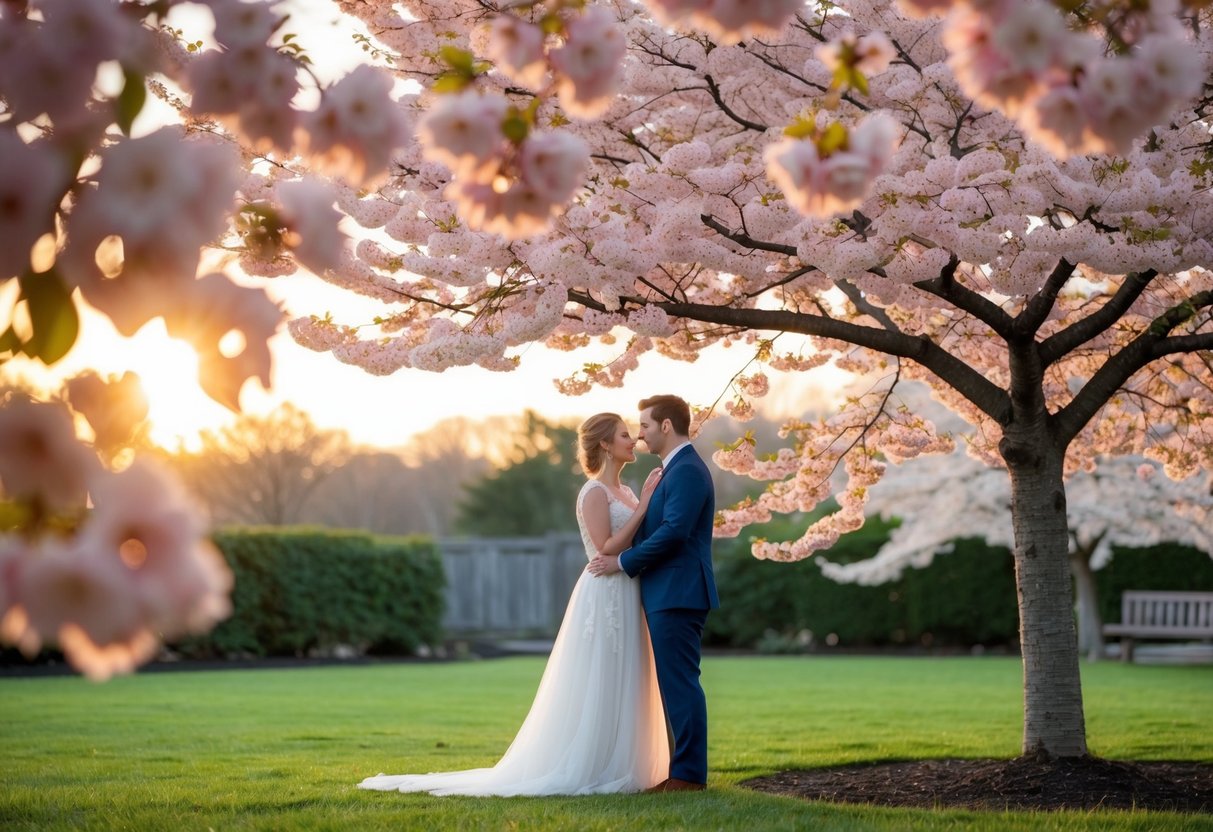 A couple stands beneath a blooming cherry blossom tree in a serene garden, surrounded by soft pink petals and the warm glow of the setting sun