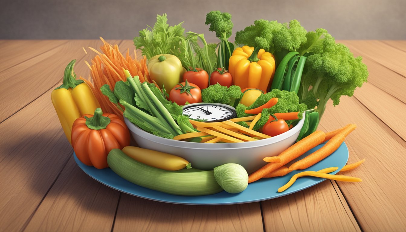 A bowl of veggie straws sits on a wooden table, surrounded by colorful vegetables and a clock showing the passage of time