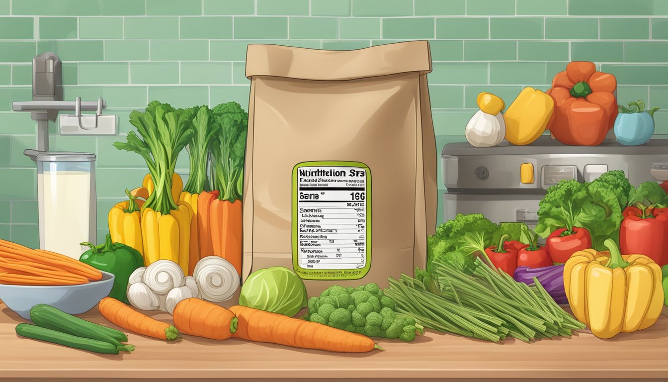 A colorful bag of veggie straws sits on a kitchen counter, surrounded by a variety of fresh vegetables and a nutrition label