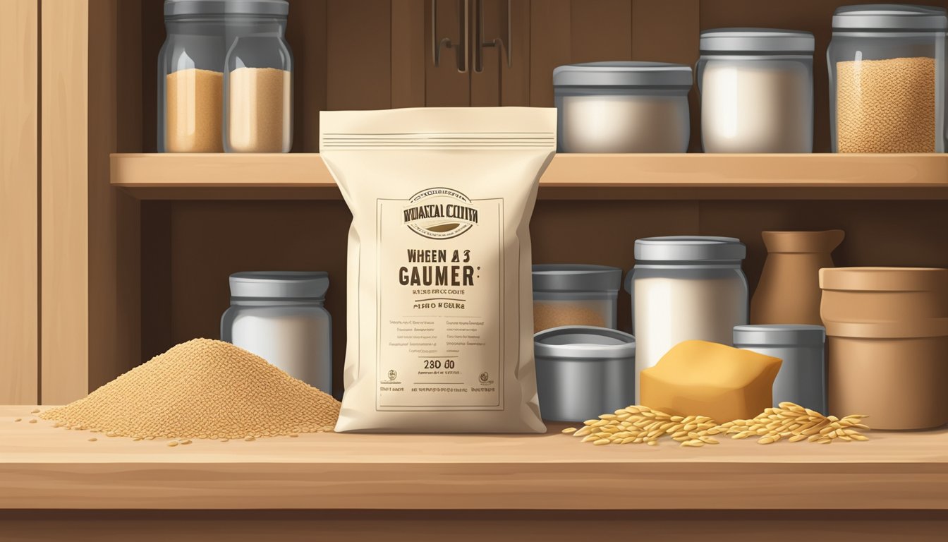 A bag of wheat gluten flour sits on a pantry shelf, surrounded by other baking ingredients. The expiration date is clearly visible on the packaging