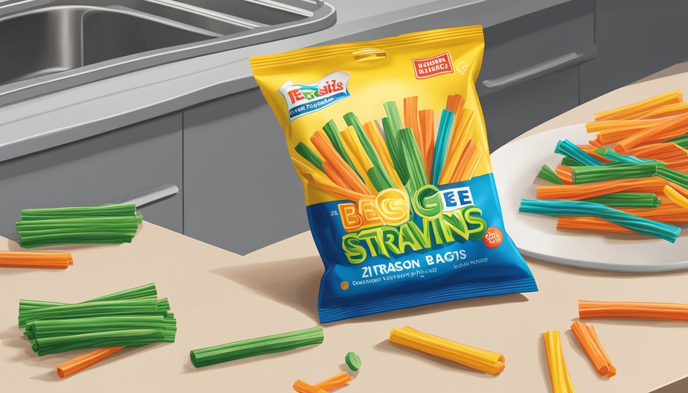 A bag of veggie straws sits on a kitchen counter, partially opened with a few straws spilling out. The expiration date is visible on the packaging