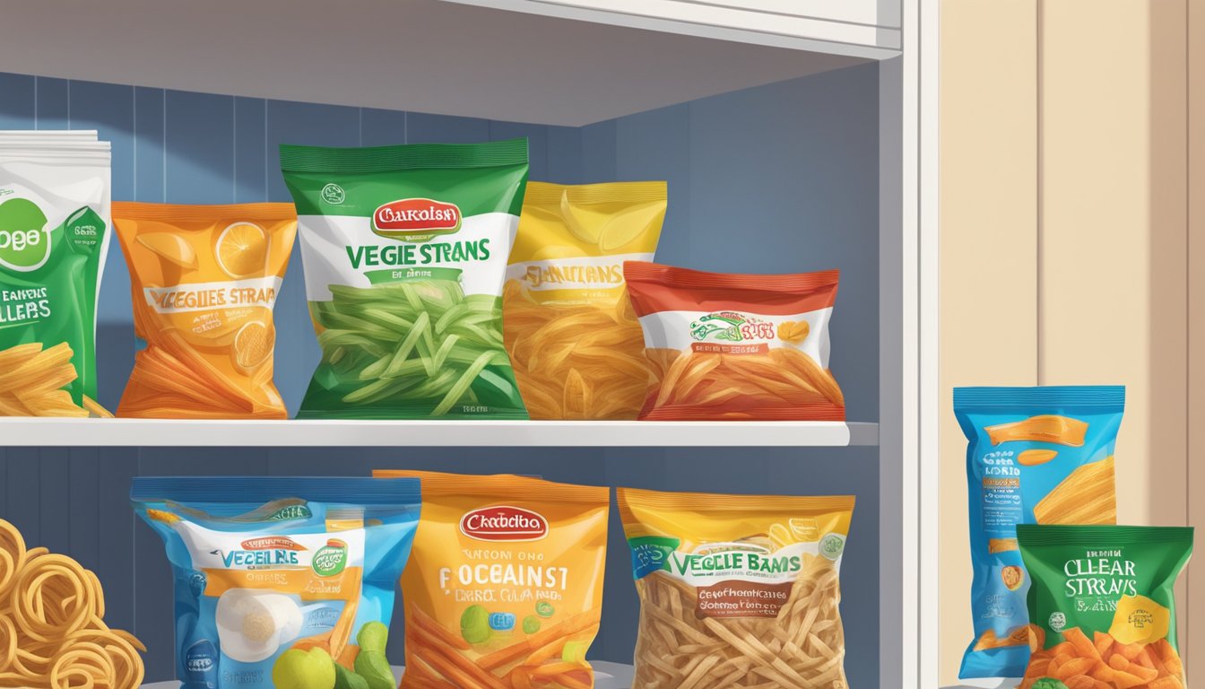 A clear plastic bag of veggie straws sits on a pantry shelf next to other snack items. The bag is partially open, revealing the colorful contents inside