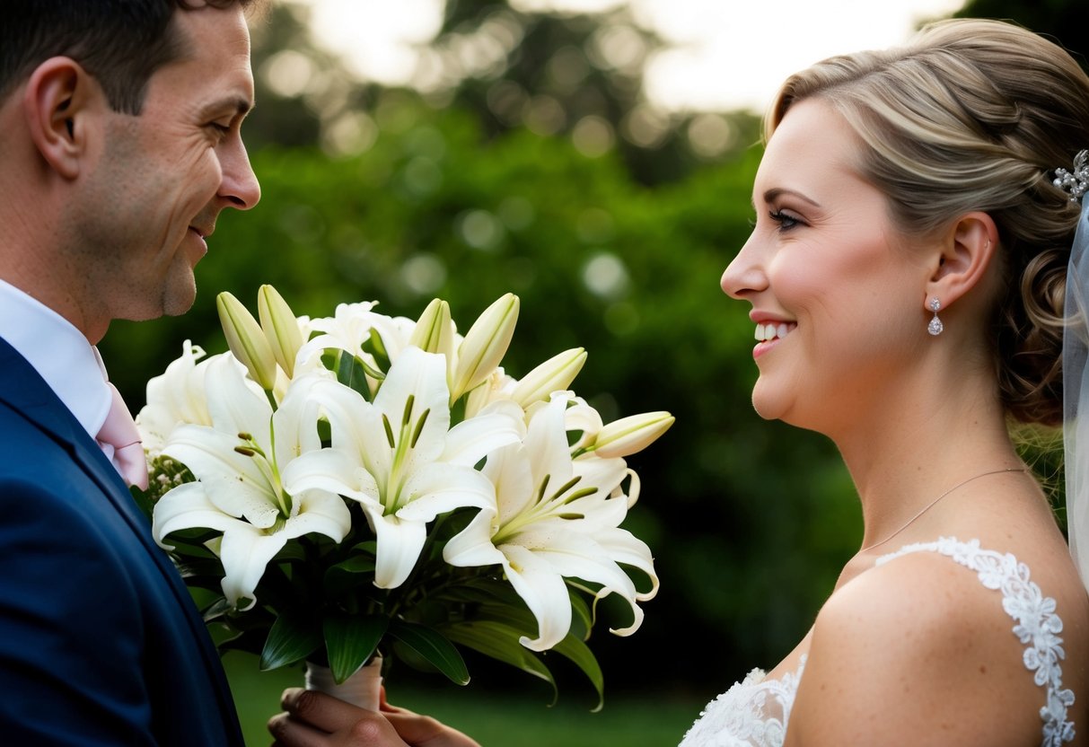 A groom presents a delicate bouquet of white lilies to his blushing bride