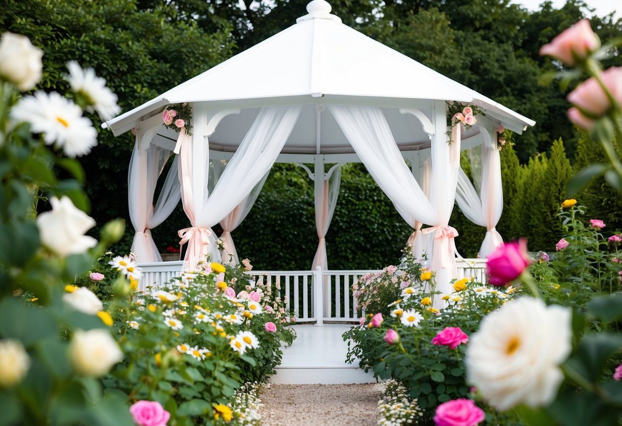 A garden filled with blooming roses and daisies, with a white gazebo adorned with ribbons and tulle, set up for a wedding ceremony