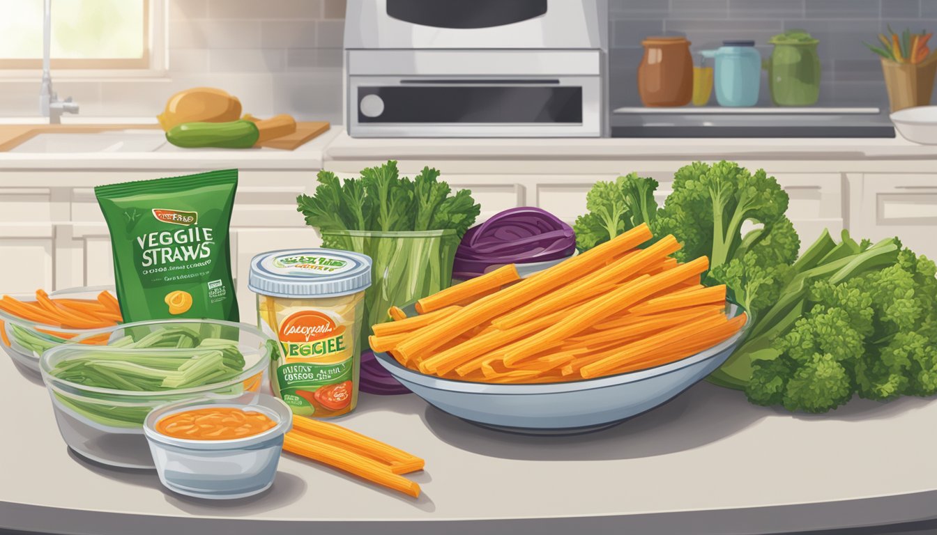 A bag of veggie straws sits on a kitchen counter, next to a bowl of dip and a plate of sliced vegetables. The expiration date on the bag is visible