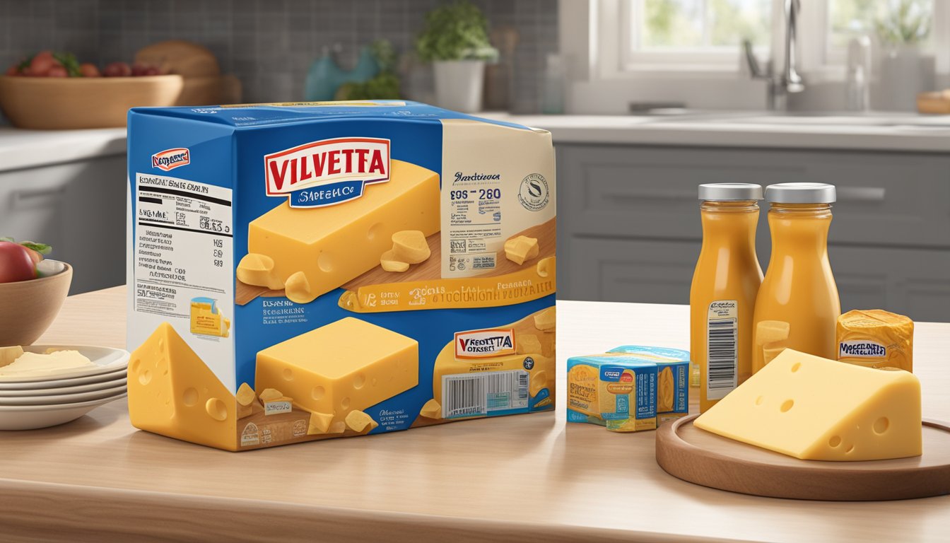 A block of Velveeta cheese sits on a kitchen counter, surrounded by various expiration dates and safety labels