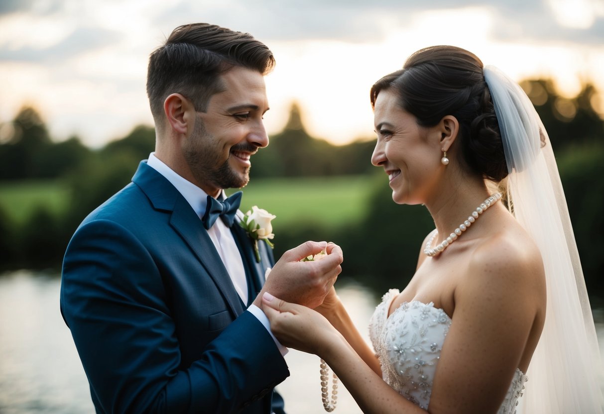 A groom presents a delicate pearl necklace to his bride on their wedding day