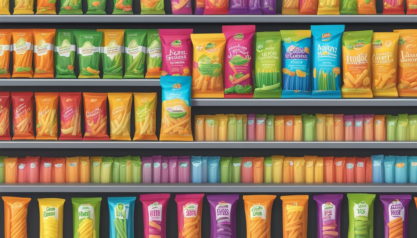 A colorful array of veggie straws in various flavors and packaging, arranged on a shelf with expiration dates visible