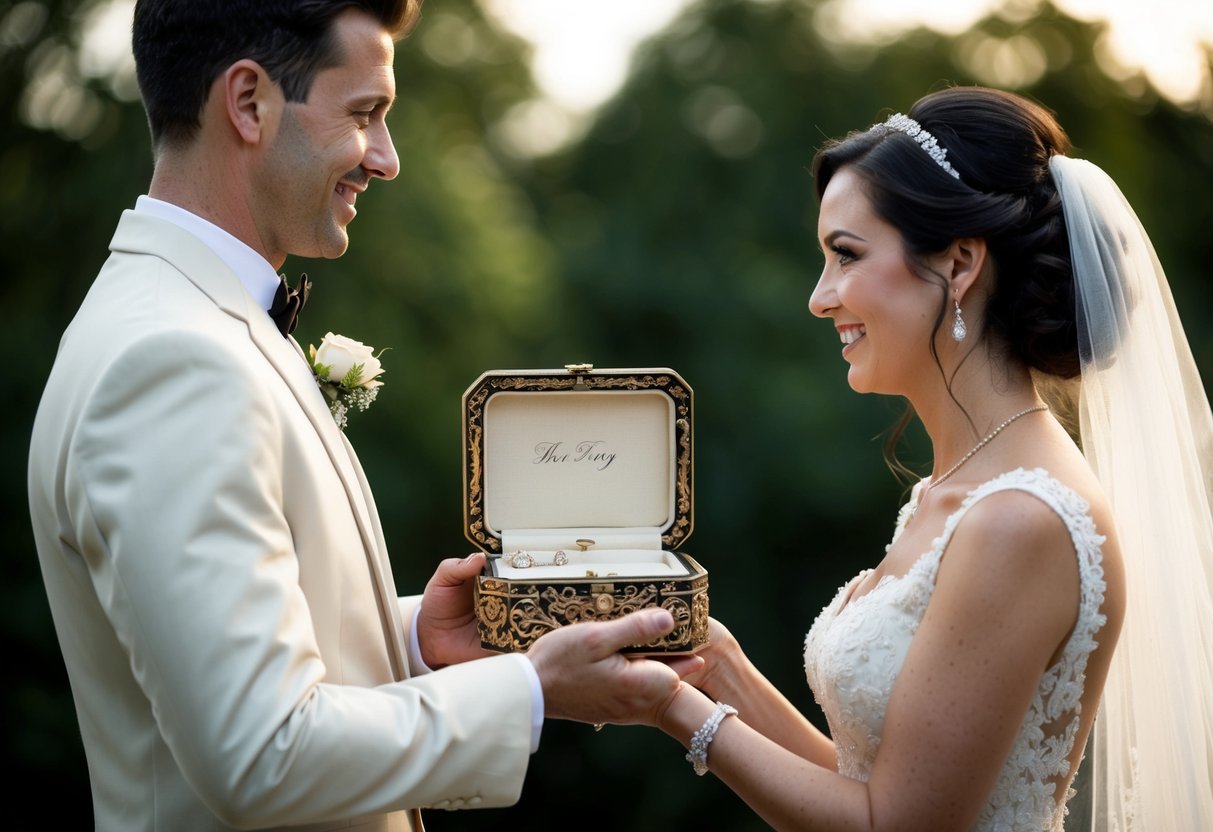 A groom presents his bride with a beautifully ornate jewelry box, filled with precious mementos from their wedding day