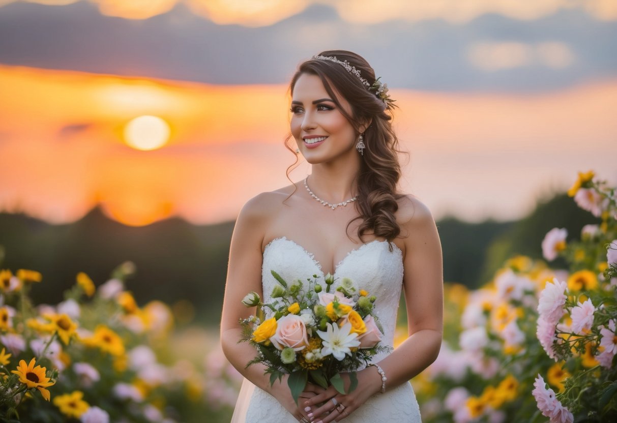 A bride surrounded by blooming flowers, with a warm, golden sunset in the background