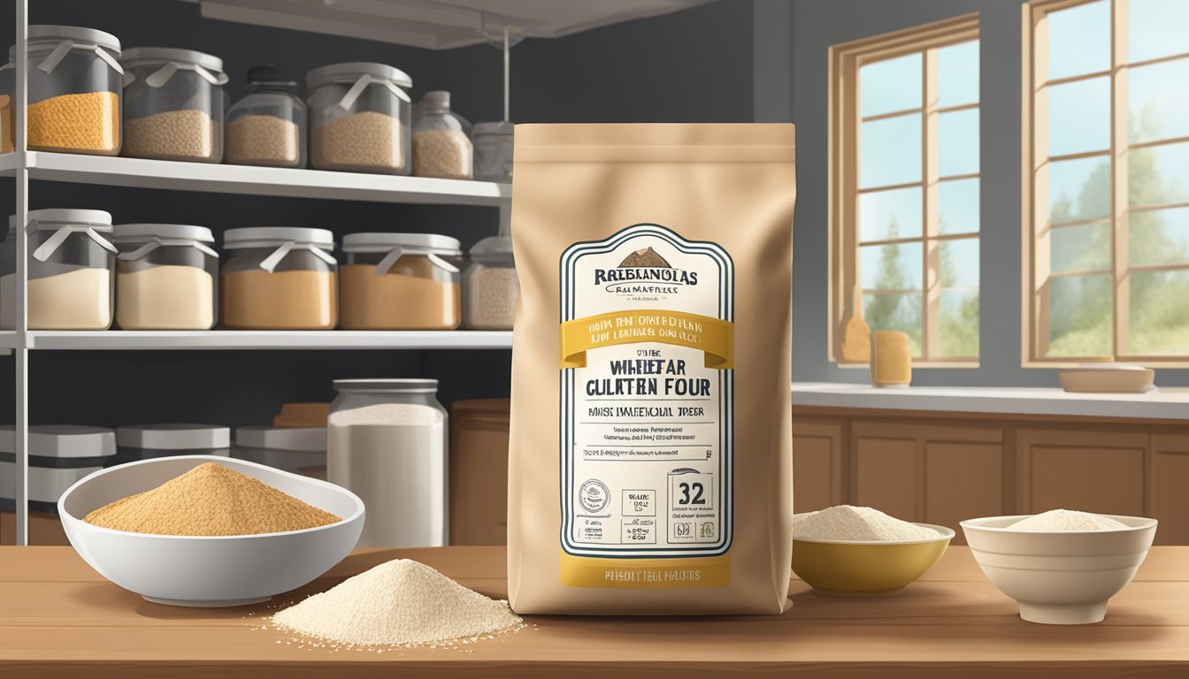 A bag of wheat gluten flour sits on a pantry shelf, surrounded by other baking ingredients. The expiration date is clearly visible on the packaging