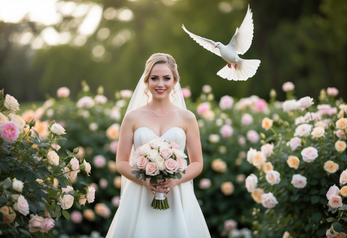 A bride holding a bouquet of roses, surrounded by blooming flowers, with a white dove flying overhead