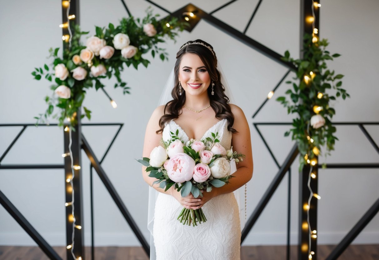 A bride holding a bouquet of peonies and roses, surrounded by modern geometric decor and twinkling string lights