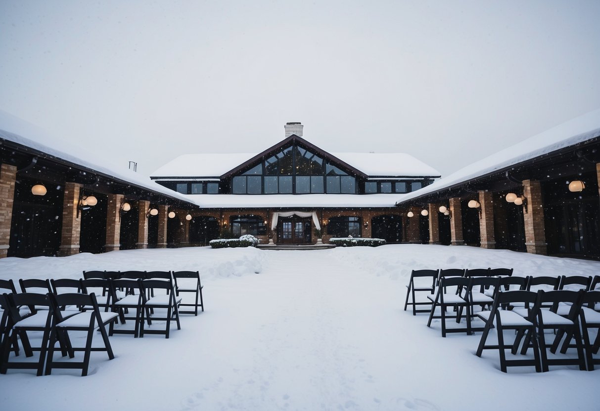 An empty wedding venue in February, with snow falling outside