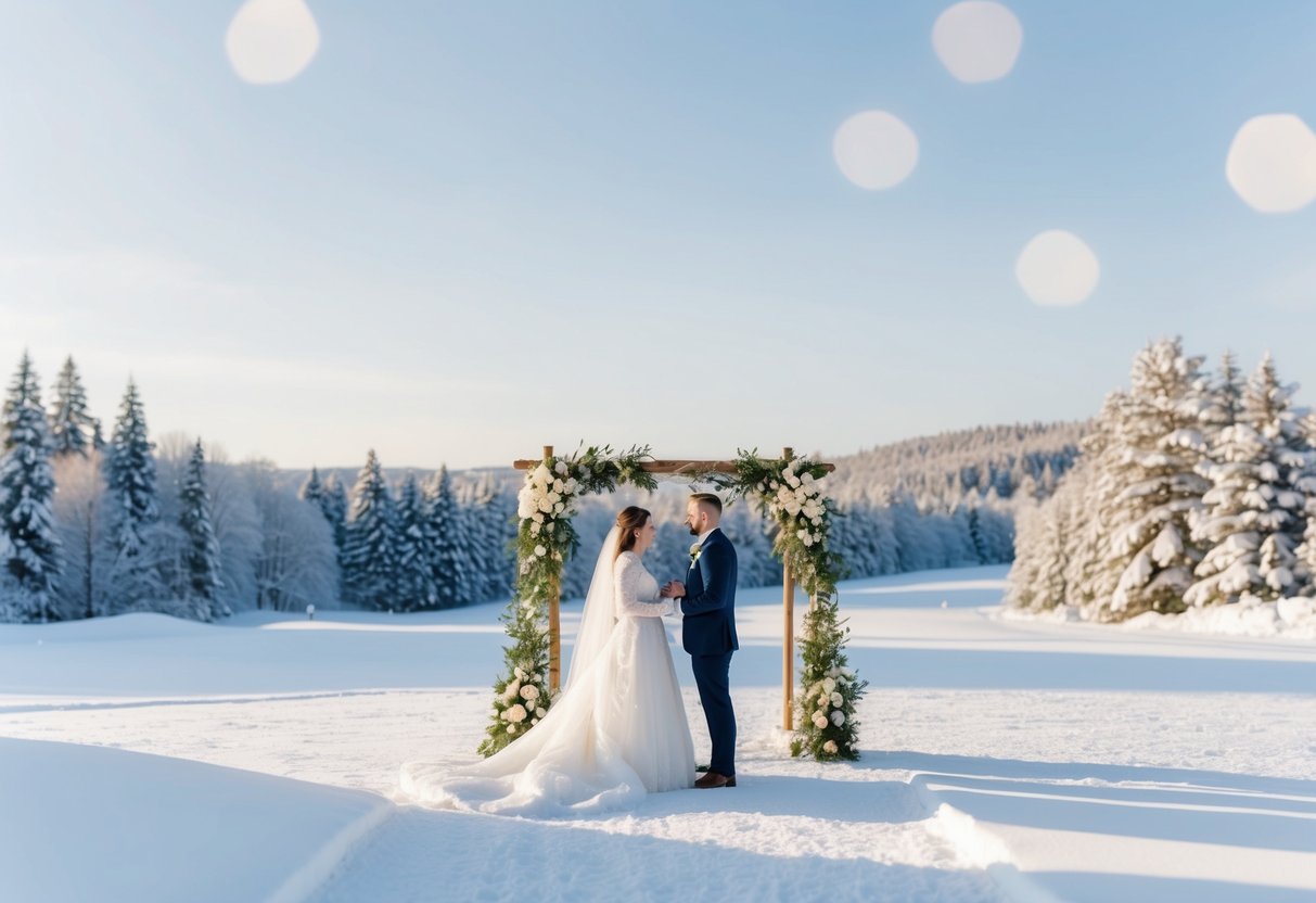 A serene winter landscape with a snow-covered wedding venue and a couple exchanging vows under a clear, cold sky