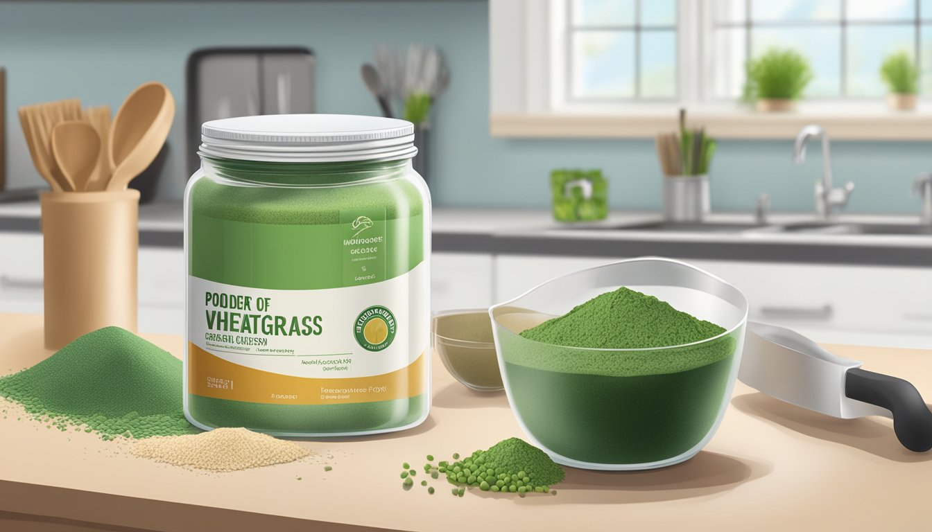 A jar of wheatgrass powder sits on a kitchen counter, next to a scoop and a sealed bag of the powder. The jar is labeled with the expiration date, indicating its shelf life