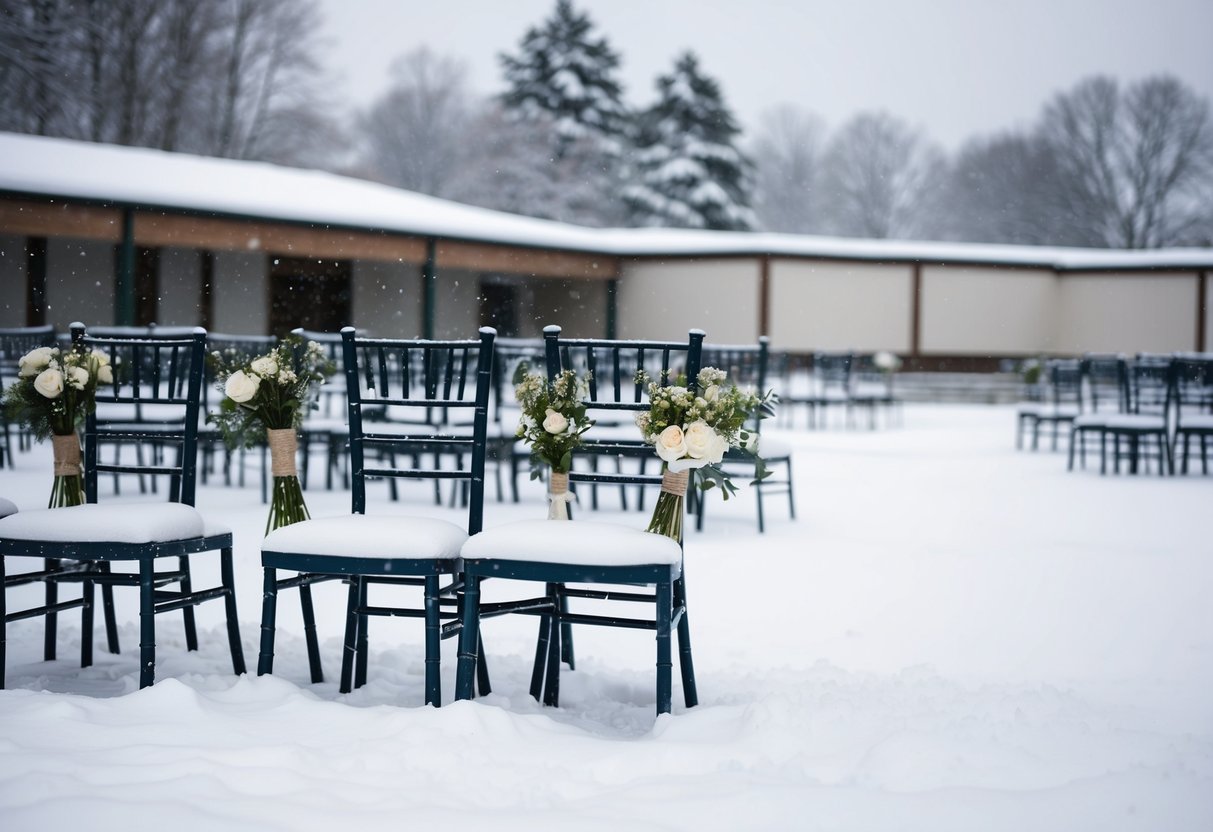 A deserted winter wedding venue, covered in snow with wilted flowers and empty chairs, depicting the least popular wedding month