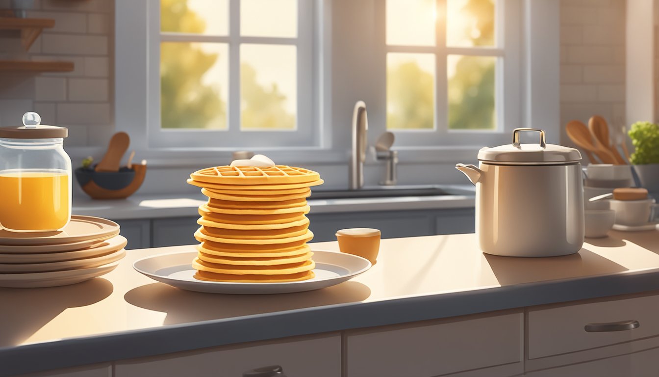 A jar of waffle mix sits on a kitchen counter, next to a stack of plates and a whisk. The sunlight streams in through the window, casting a warm glow on the scene