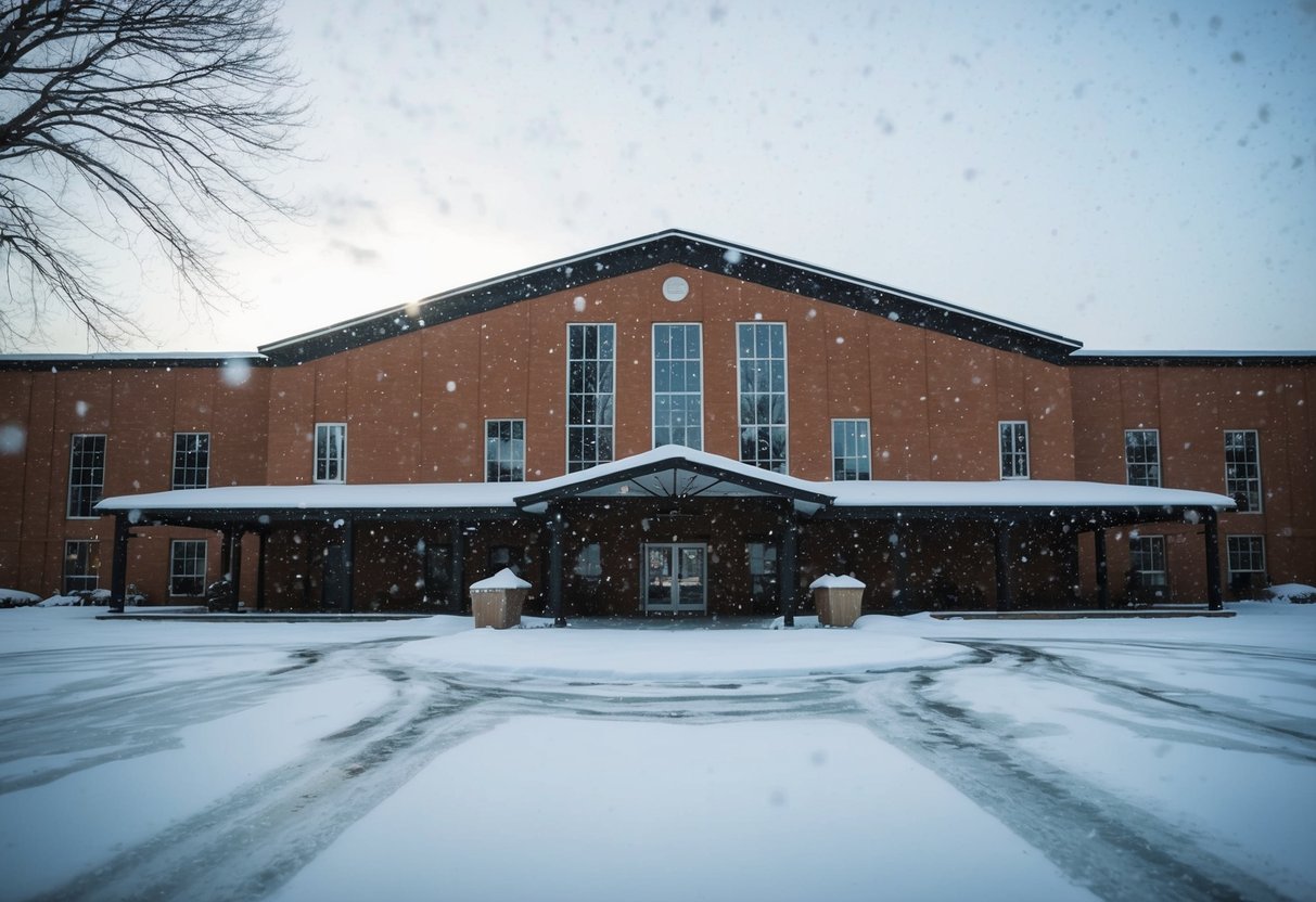 A deserted wedding venue in February, with snow falling outside