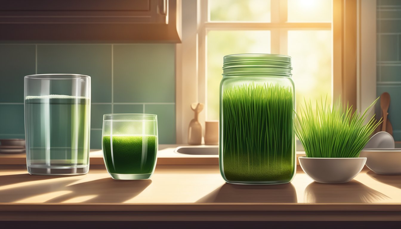 A jar of wheatgrass powder sits on a kitchen counter, next to a spoon and a glass of water. The sunlight streams through the window, casting a warm glow on the scene