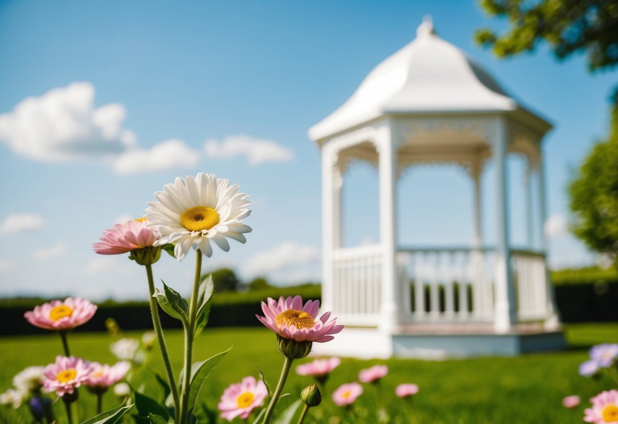 A sunny outdoor wedding in June with blooming flowers and a white gazebo