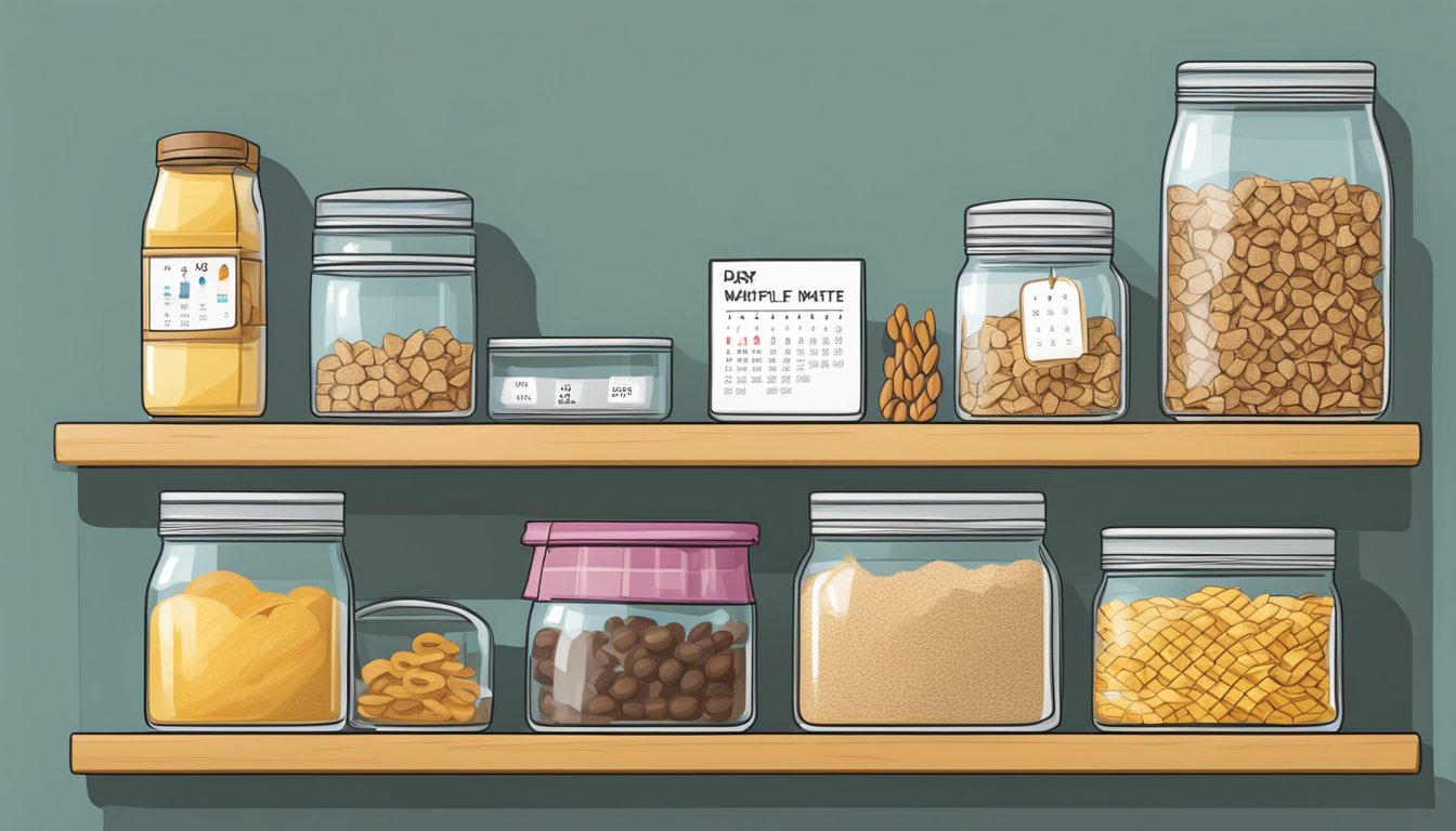 A pantry shelf with a sealed container of waffle mix, surrounded by other dry goods and a calendar indicating the current date