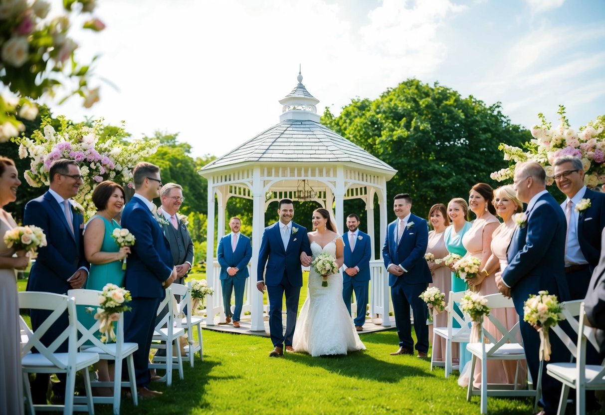 A sunny outdoor wedding in June with blooming flowers and a white gazebo, surrounded by happy guests in formal attire