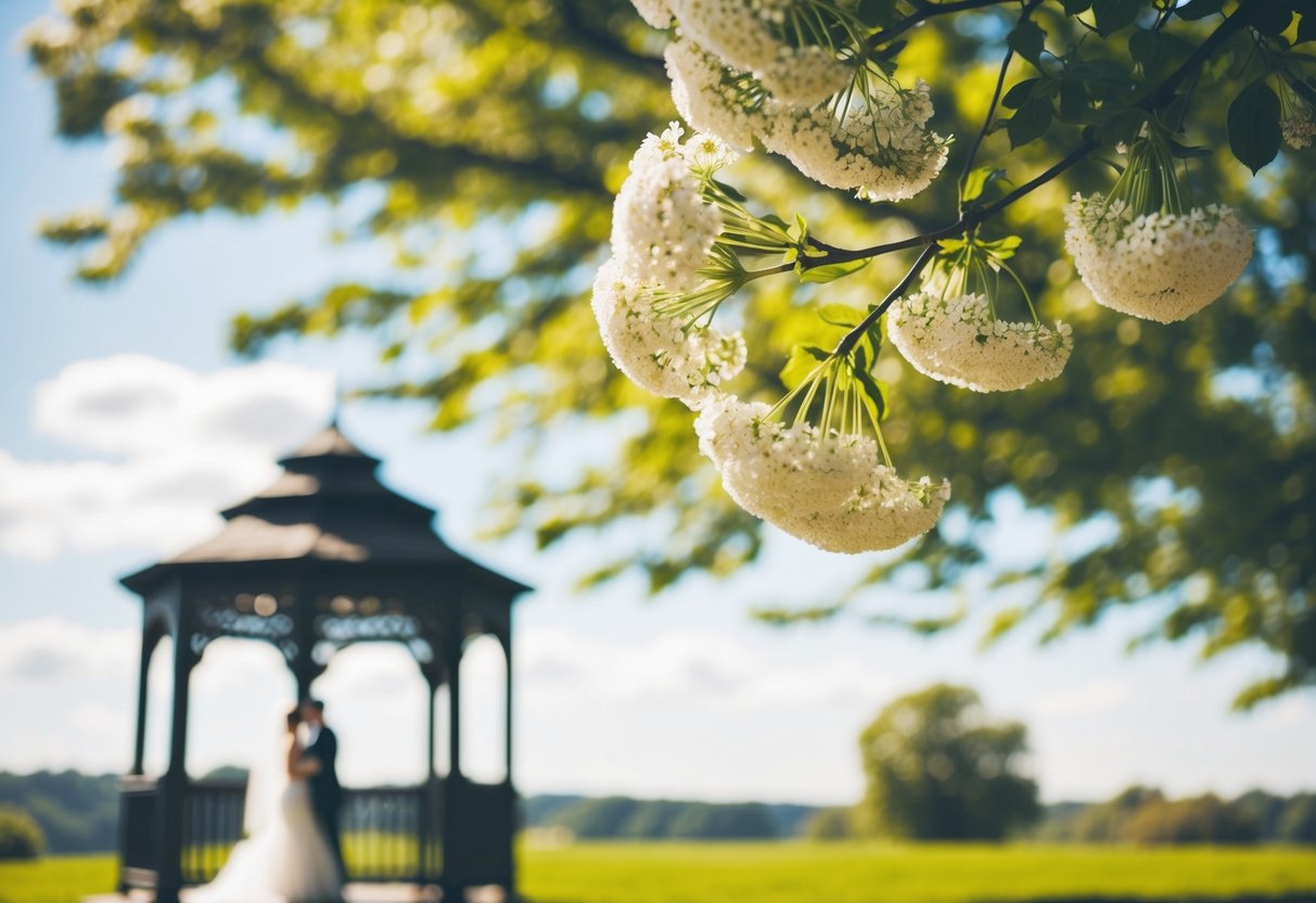 A sunny outdoor wedding in June, with blooming flowers and a romantic gazebo