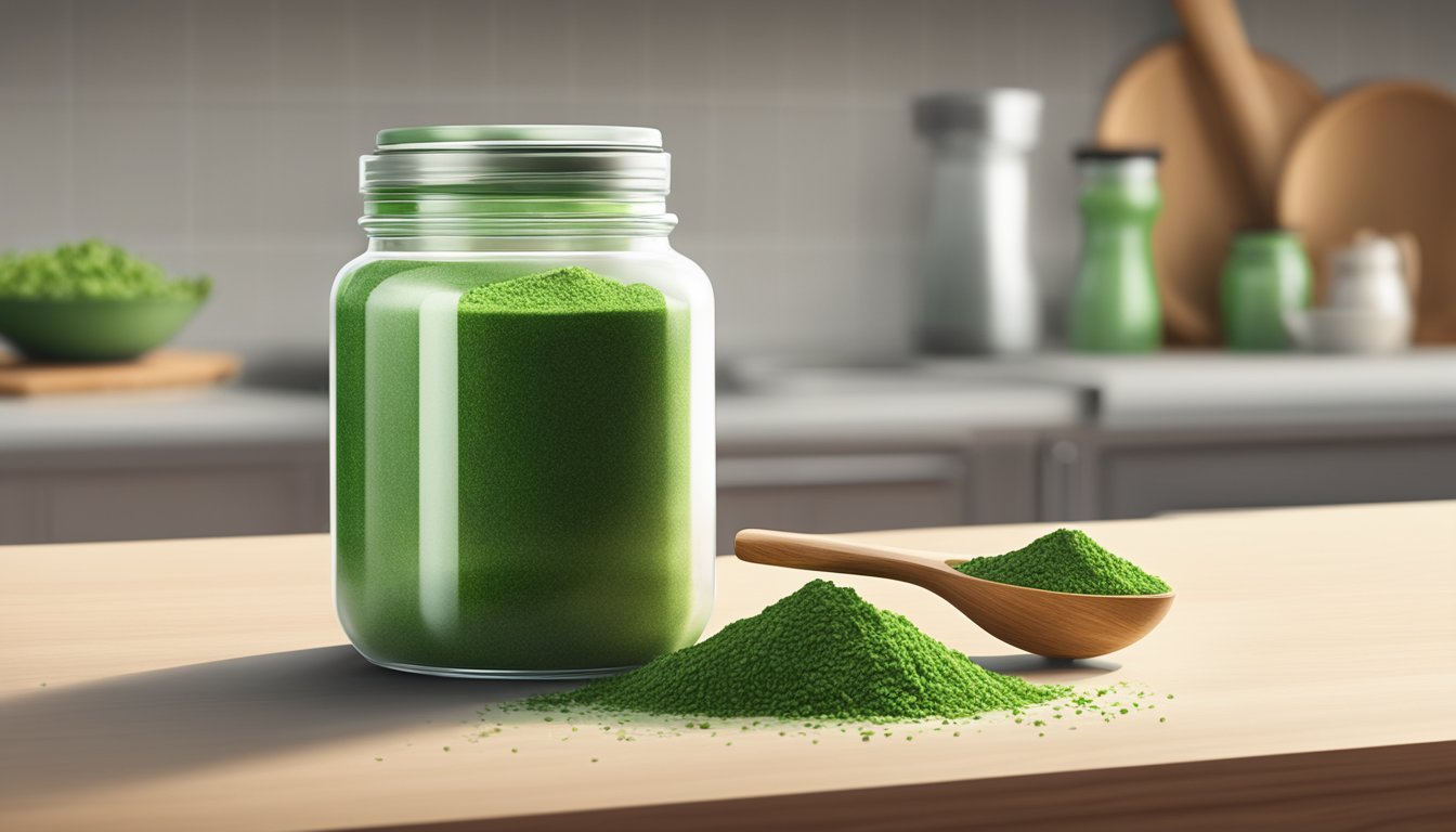 A jar of wheatgrass powder sits on a kitchen counter next to a scoop. The jar is half full, with a few green particles scattered around