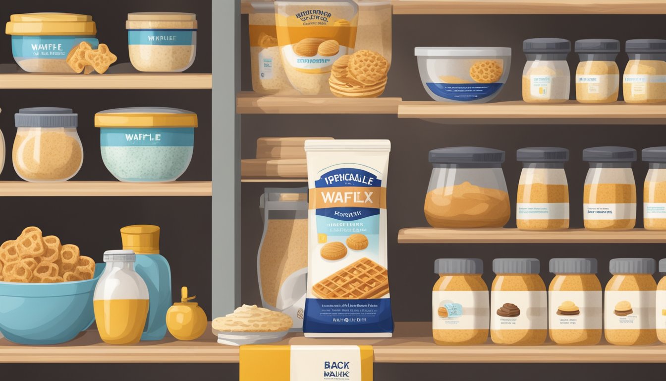 A sealed container of waffle mix sits on a pantry shelf, surrounded by other baking ingredients. The expiration date is clearly visible on the packaging