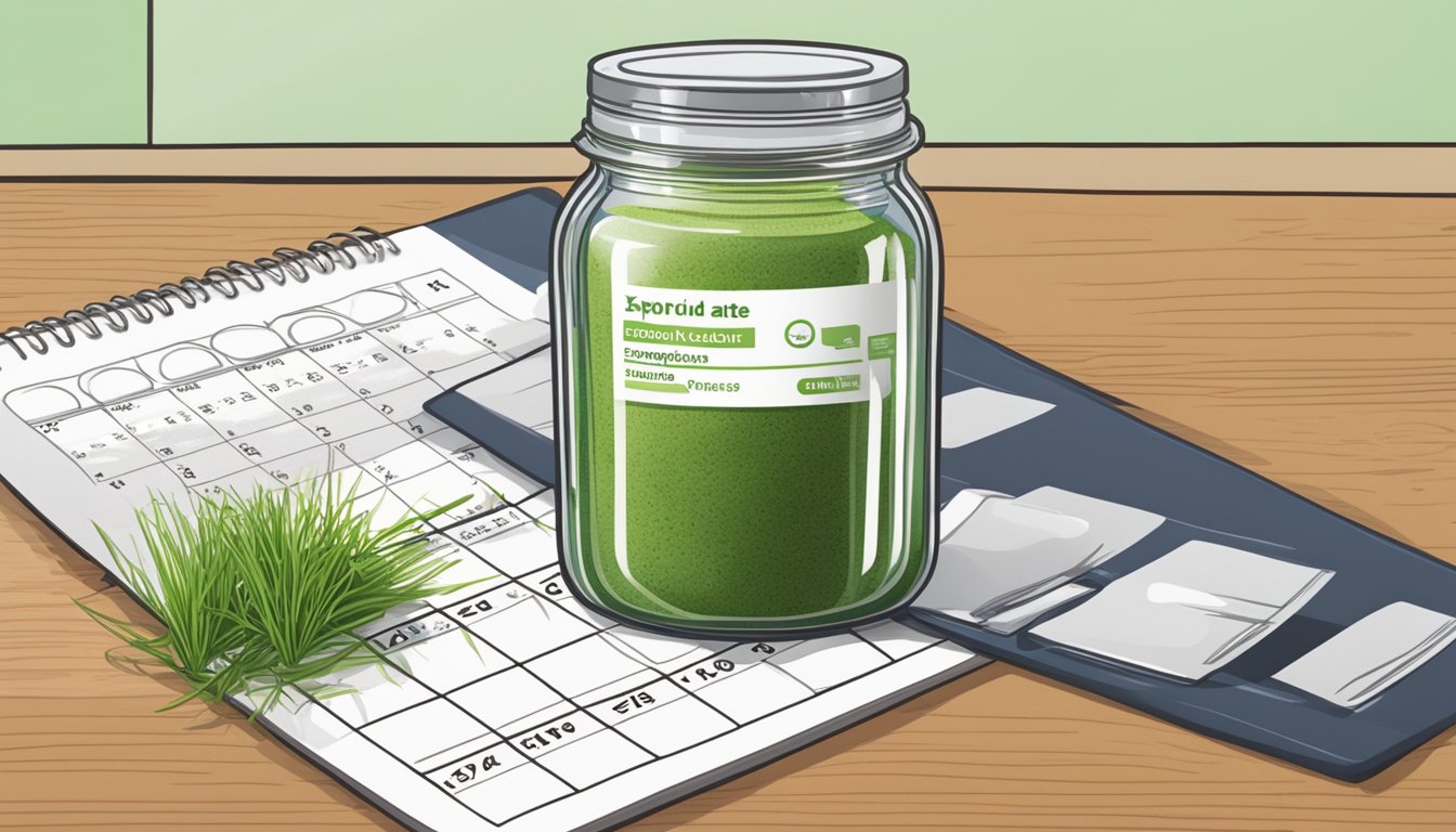 A jar of wheatgrass powder sits on a kitchen counter next to a calendar, with the date of purchase circled. The jar is sealed and labeled with an expiration date