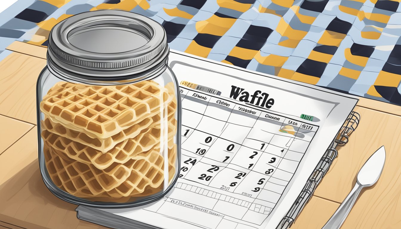 A jar of waffle mix sits on a kitchen counter next to a calendar. The jar is unopened and the calendar shows the current date