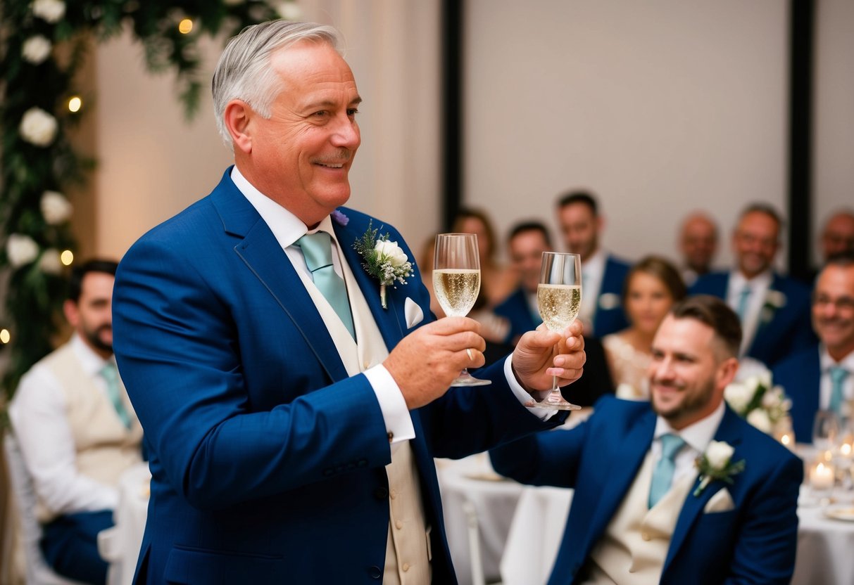 The father of the groom gives a heartfelt speech at the wedding reception, raising a glass to toast the newlyweds
