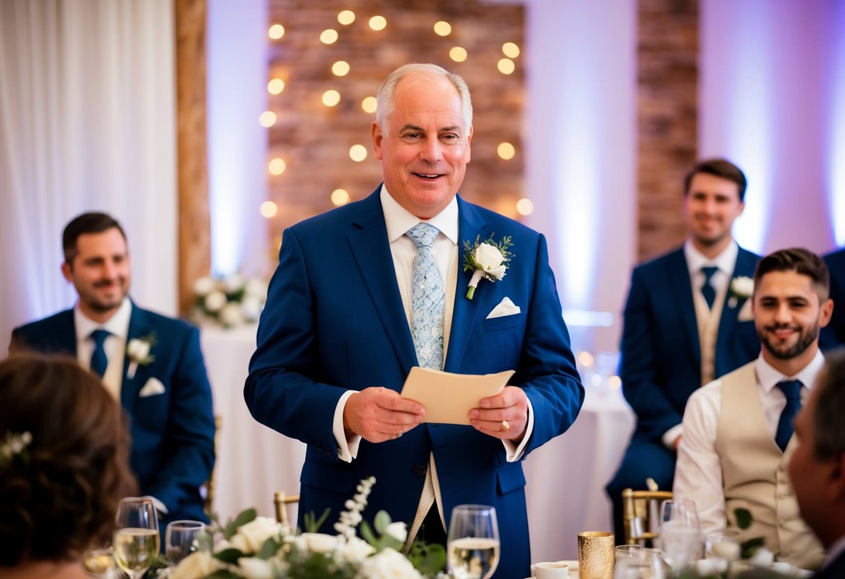 The father of the groom gives a heartfelt speech at the wedding reception, expressing his love and well wishes for the newlyweds