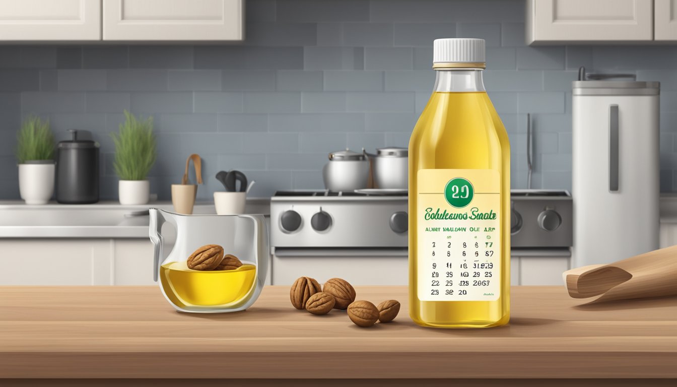 A bottle of walnut oil sits on a kitchen counter, next to a calendar showing the current date and a label indicating the expiration date