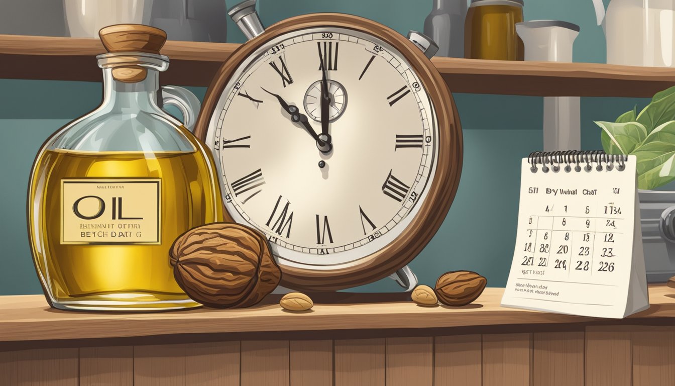 A bottle of walnut oil sits on a kitchen shelf, next to a calendar and a clock. The oil is labeled with a "best by" date