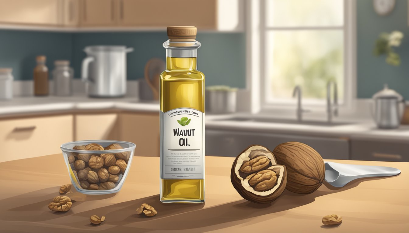 A bottle of walnut oil sits on a kitchen counter, its label peeling and oil cloudy. Nearby, a moldy walnut lies on the counter